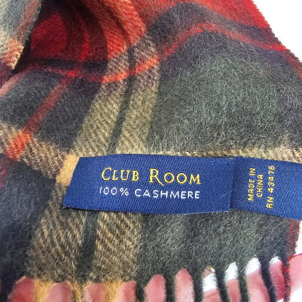 Club Room‎ Cashmere Tartan Plaid Scarf Orange Green Tan Fringe Unisex Classic